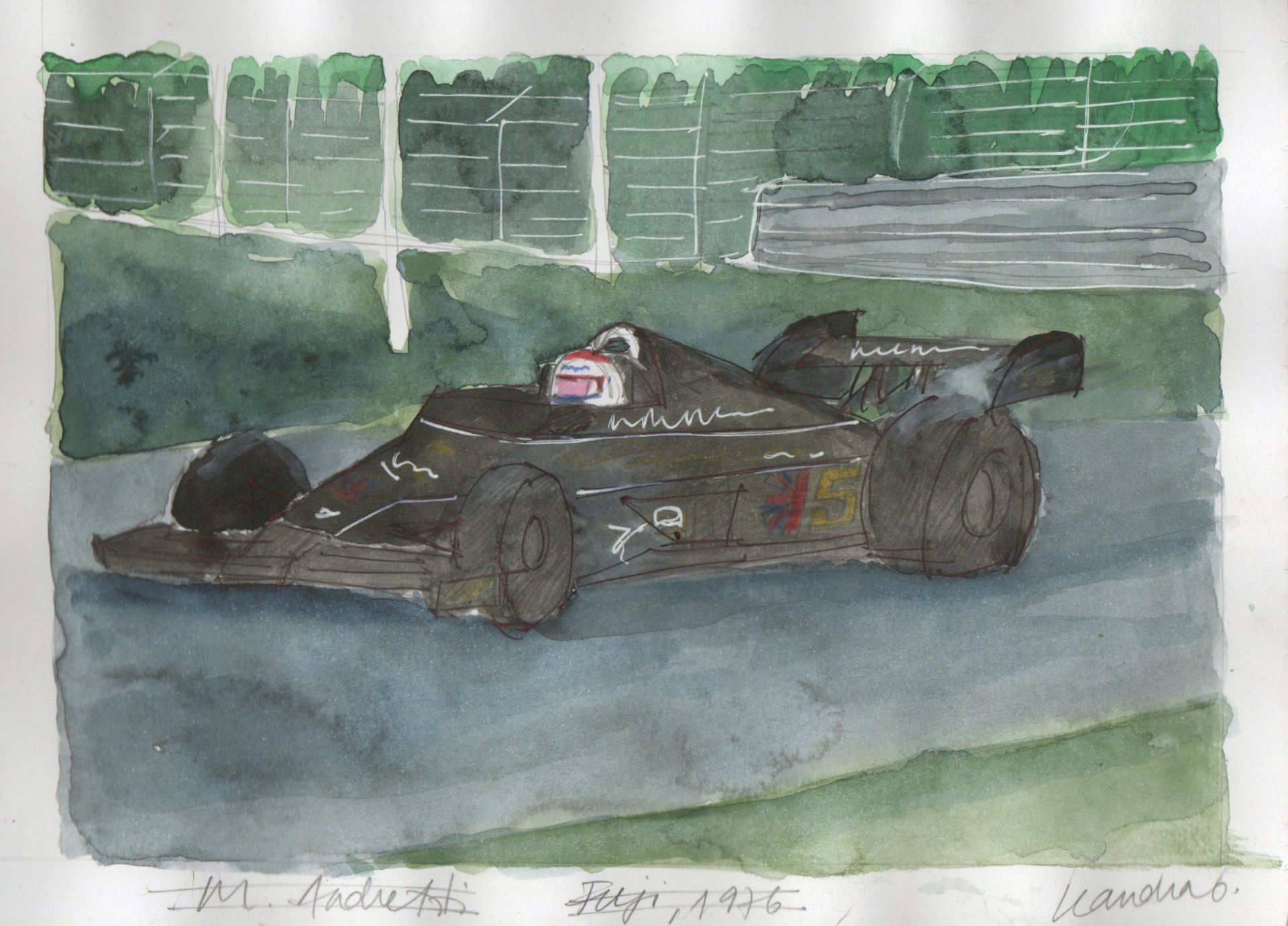 Lotus preta de Mario Andretti contornando o circuito de Fuji em 1976.