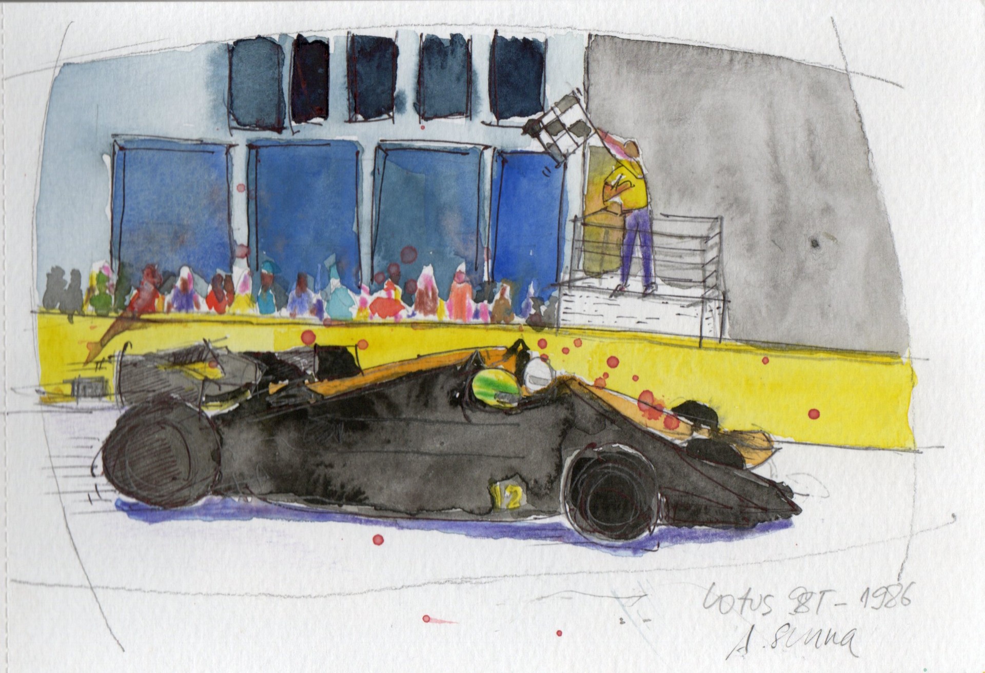 Lotus 98T preta e dourada de Ayrton Senna passando pela tribuna em 1986.