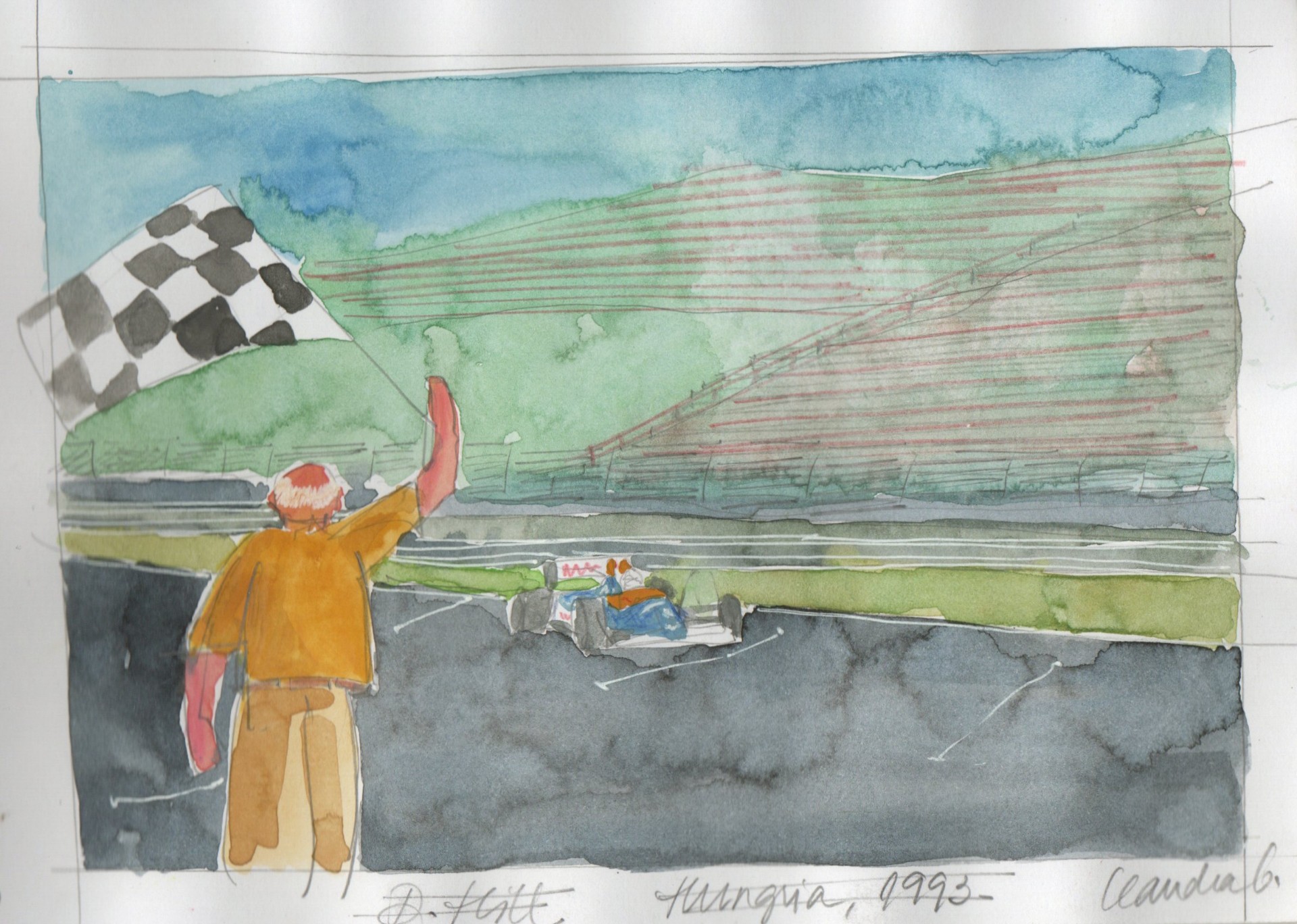 Comissário acena bandeira quadriculada para carro de Damon Hill cruzando a linha de chegada em Hungaroring.