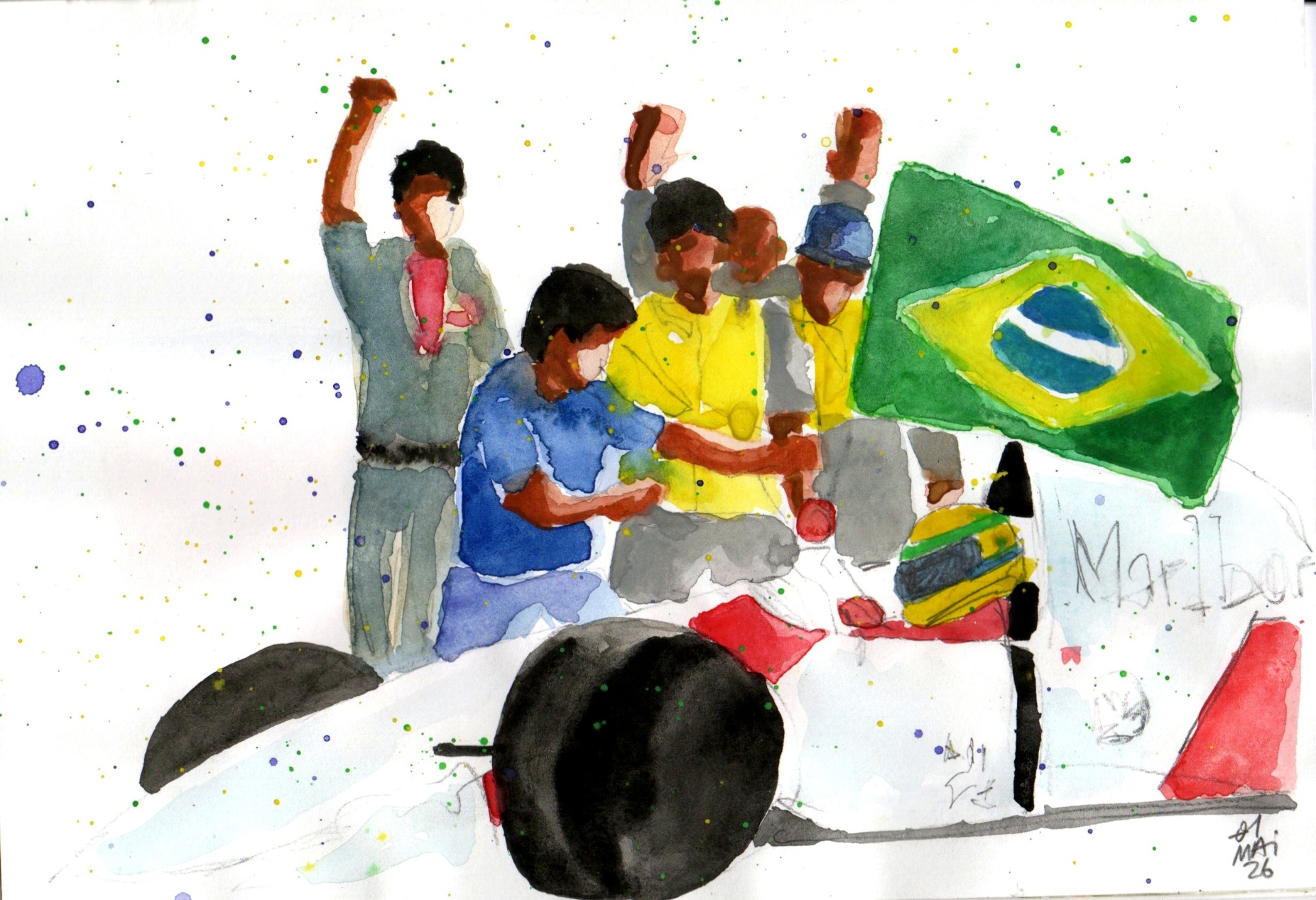 Equipe celebrando vitória de Ayrton Senna com bandeira do Brasil sobre a McLaren Marlboro.