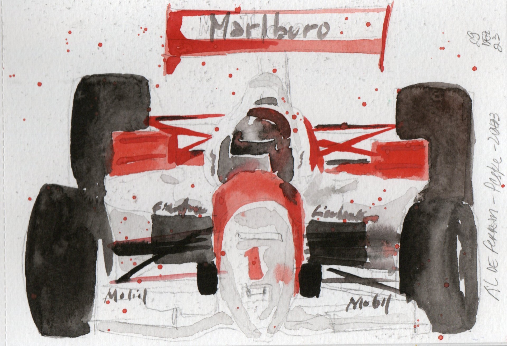 McLaren MP4/8 vista de frente, com vermelho Marlboro e detalhes a grafite.
