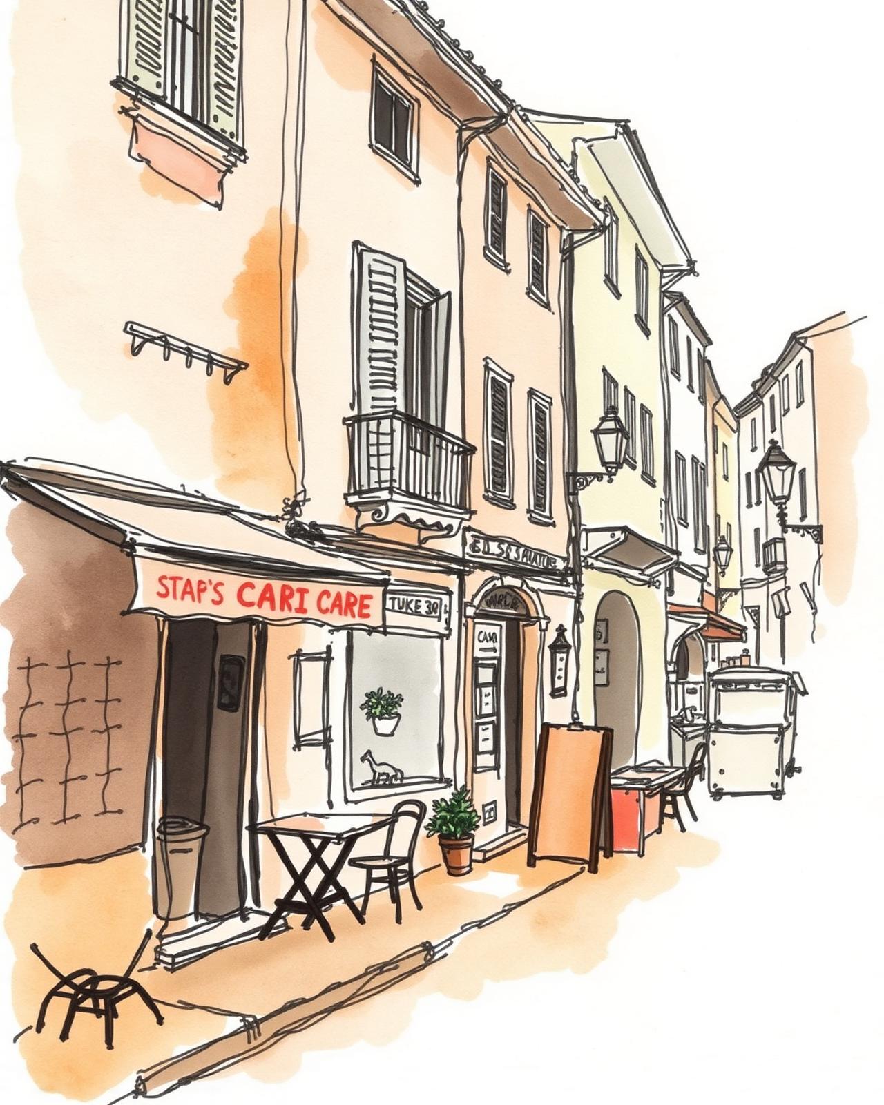 Aquarela de uma rua europeia com café